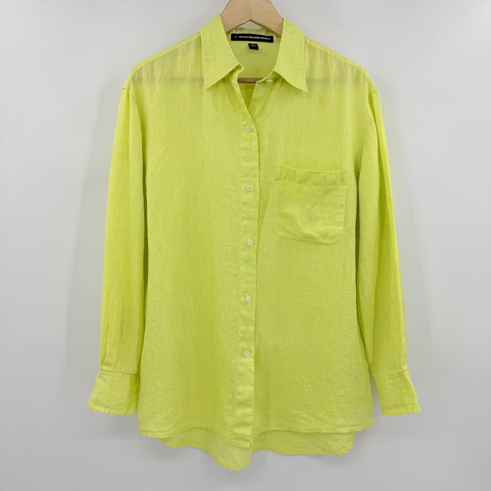 Company Ellen Tracy Neon Lime Green 100% Linen Button Down Shirt Womens Medium